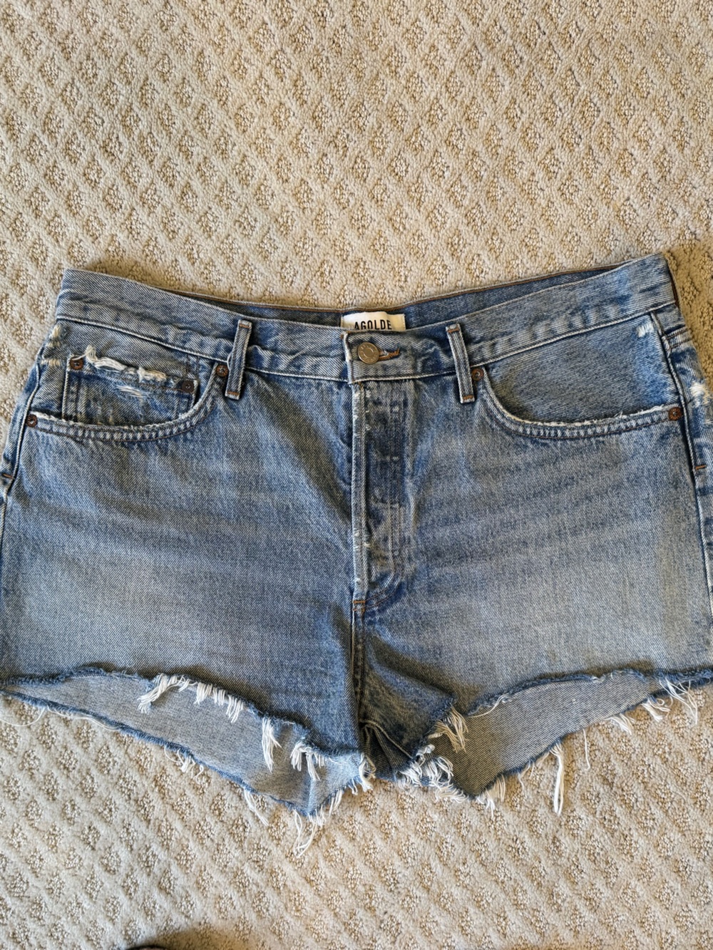 Agolde Frayed Light Blue Denim Cutoff Shorts